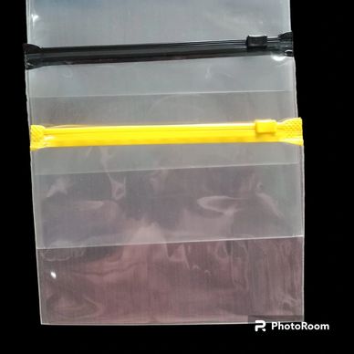 Two transparent plastic zipper bags, one with a black zipper and one with a yellow zipper.