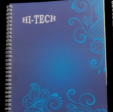 Blue spiral notebook with floral design and 'HI-TECH' text.