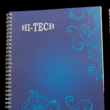 Blue spiral notebook with floral design and 'HI-TECH' text.