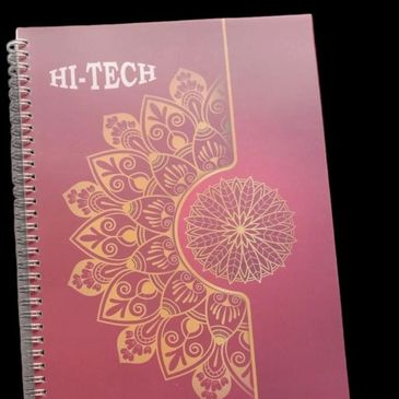 Spiral-bound notebook with intricate gold mandala design and 'HI-TECH' text.