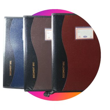 Four leather document bags in blue, brown, black, and maroon colors.