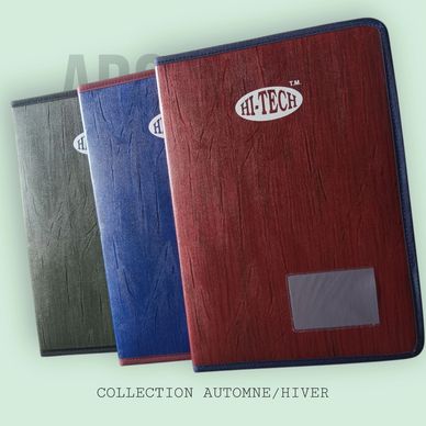 Three leather-bound folders in black, blue, and brown with 'HI-TECH' logo.