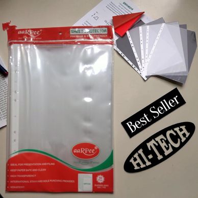 A transparent sheet protector package with Hi-Tech and Best Seller labels.