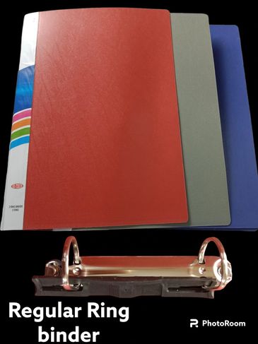 Three colorful binders in red, gray, and blue on a black background.