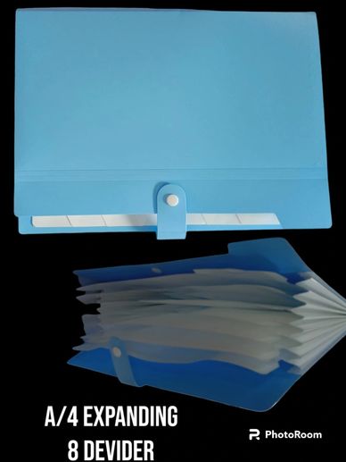 Blue A4 expanding file folder with 8 dividers and snap closure.