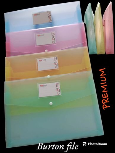 Colorful translucent Burton file folders in various sizes with button closures.