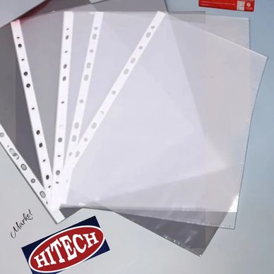Clear plastic document sleeves with punched holes for binders.