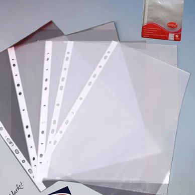 Clear plastic document sleeves with punched holes for binders.