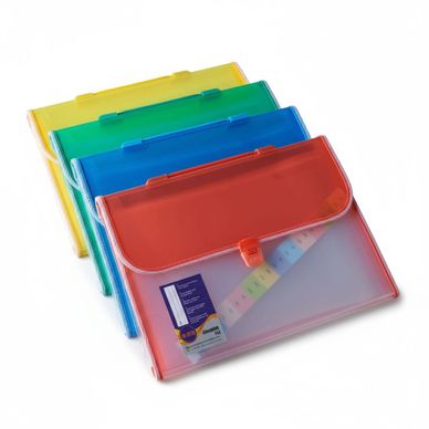 Colorful translucent plastic file organizers with clasps in red, blue, green, and yellow.