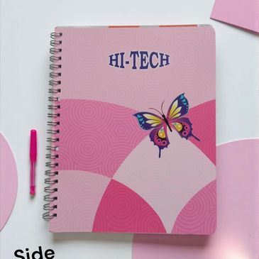 Pink spiral notebook with butterfly and 'HI-TECH' text on cover.