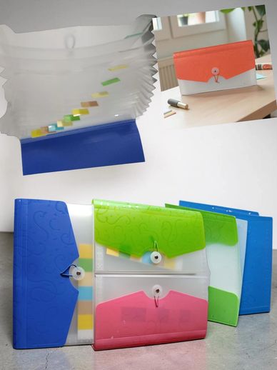 Colorful expanding file folders organized for documents.