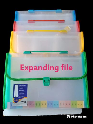 Colorful expanding file folders with multiple compartments for document organization.