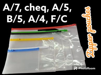 Clear zipper pouches in various sizes with colored seals.
