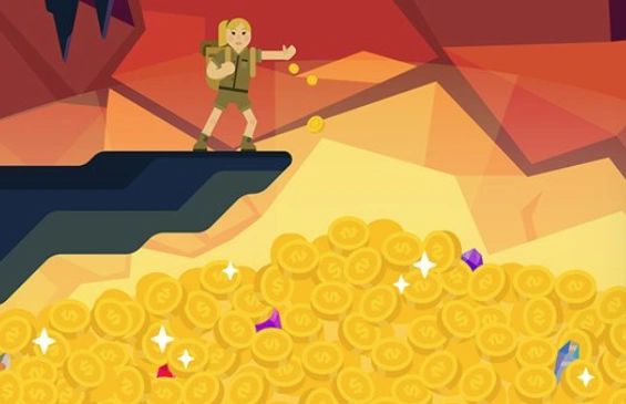 Adventurer tossing coins into a treasure pile.