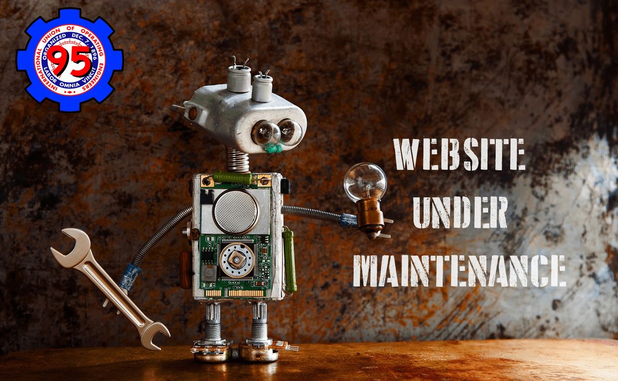 Robot holding a wrench and bulb with website under maintenance text.