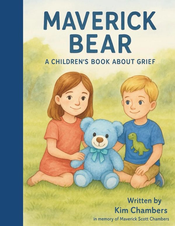 Children's book cover featuring two kids with a blue teddy bear about grief.