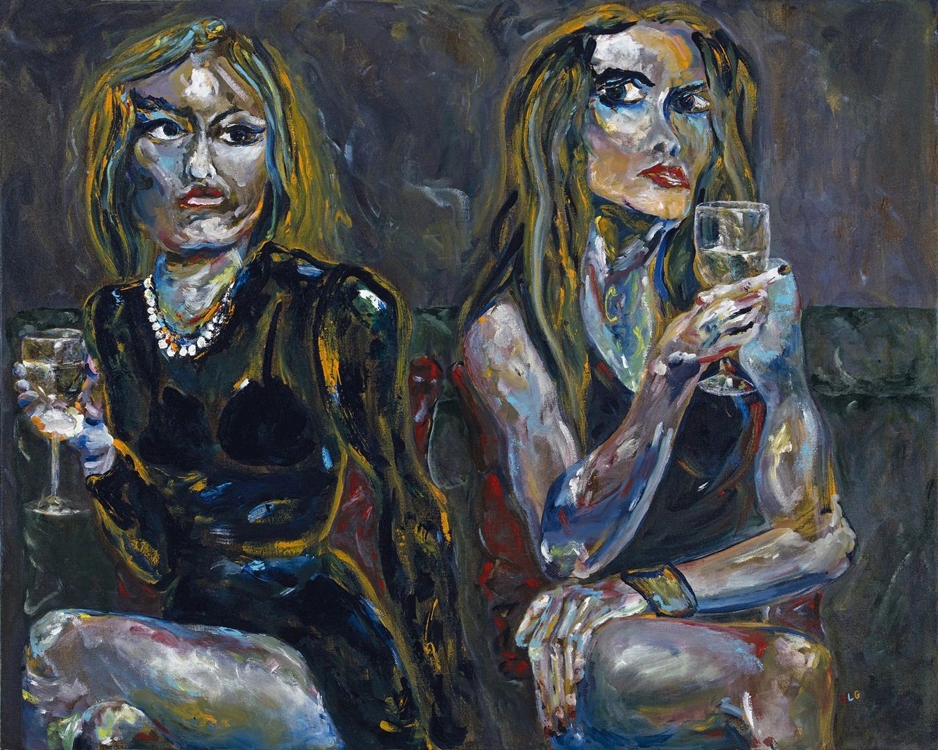 Two women in dark dresses holding glasses, painted with bold brushstrokes.