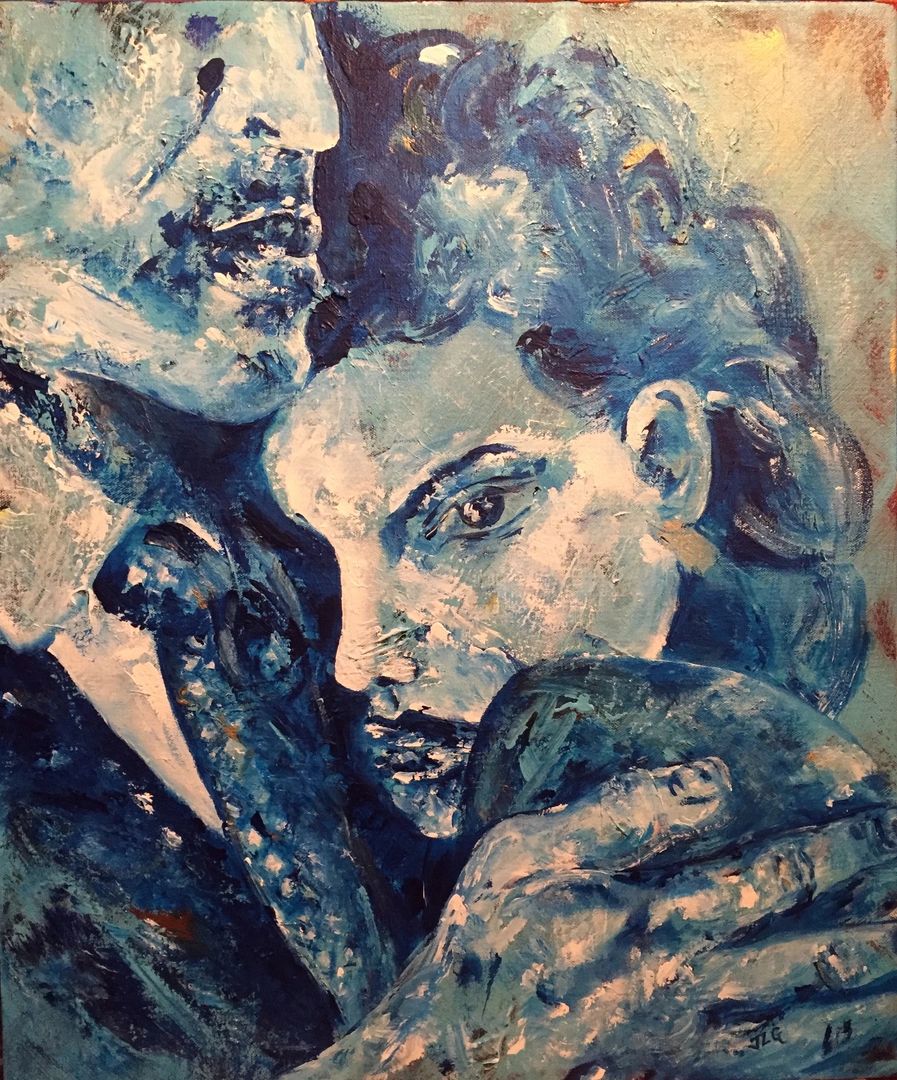 Blue-toned painting of a close embrace between a man and woman.