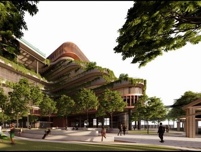 Modern eco-friendly building with greenery and people walking around.