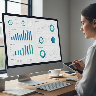 Woman analyzing data charts on a desktop computer.