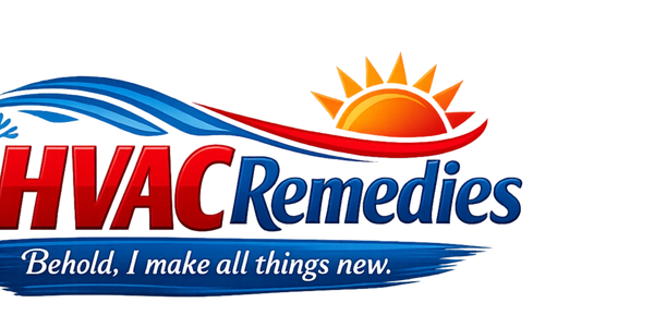 HVAC Remedies logo with sun, snowflake, and slogan beneath.