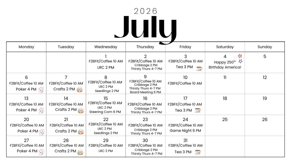 July 2026 calendar with events and activities.