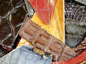 Exotic leathers that you may find in the scrap bin for the Leather Dangles workshop.