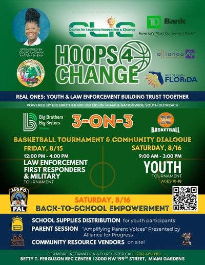 Flyer for Hoops4Change basketball and community event in Miami Gardens.