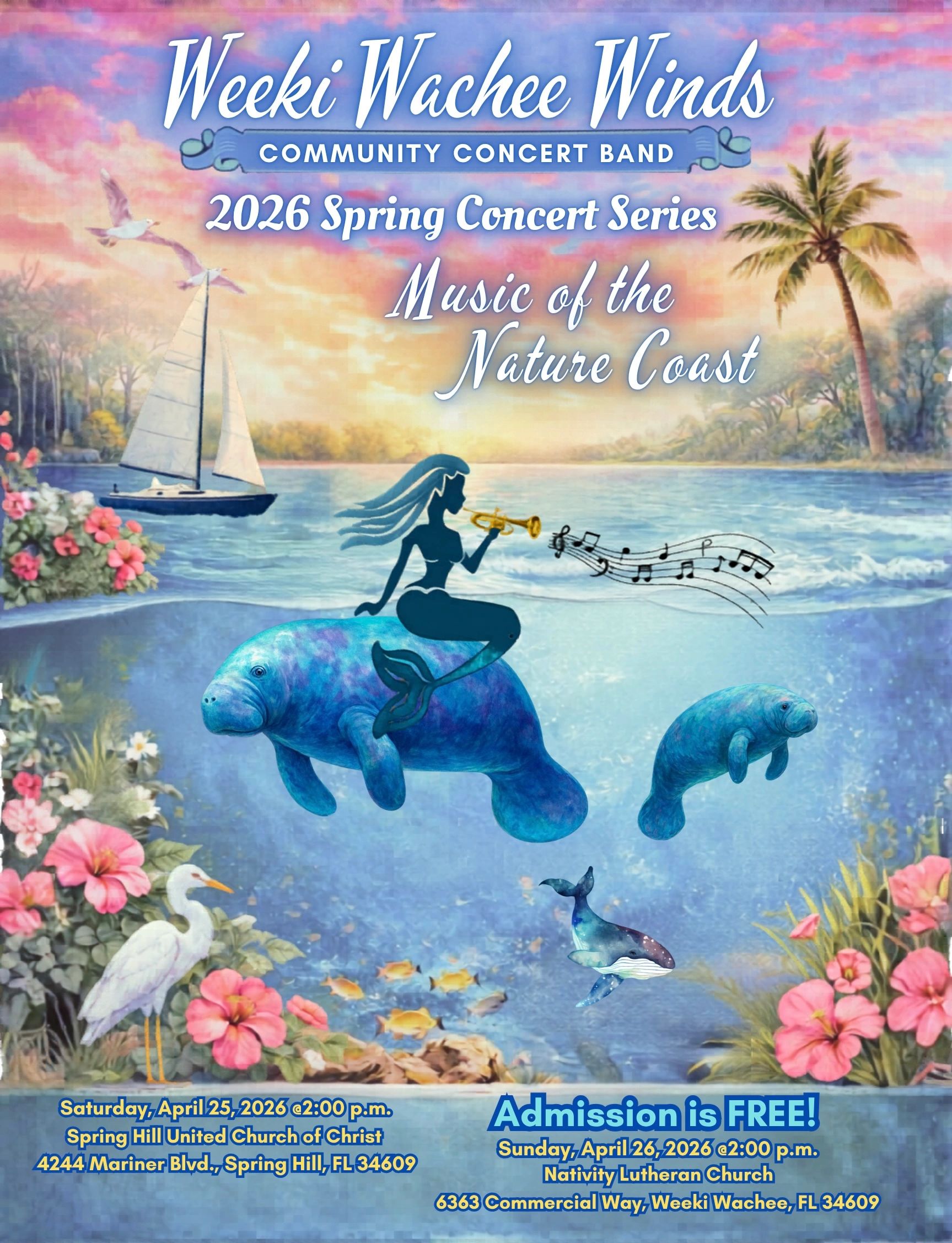 Weeki Wachee Winds 2026 Spring Concert Series with nature-themed artwork.