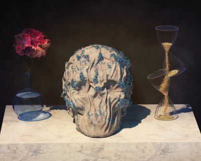 Surreal still life with skull, flower, and hourglass.