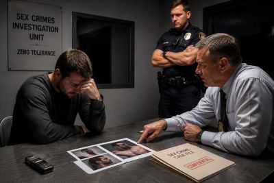 Detectives interrogate a suspect in a sex crimes investigation room.