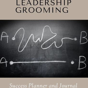 Book cover titled Leadership Grooming with a chalkboard drawing showing two paths from point A to B.
