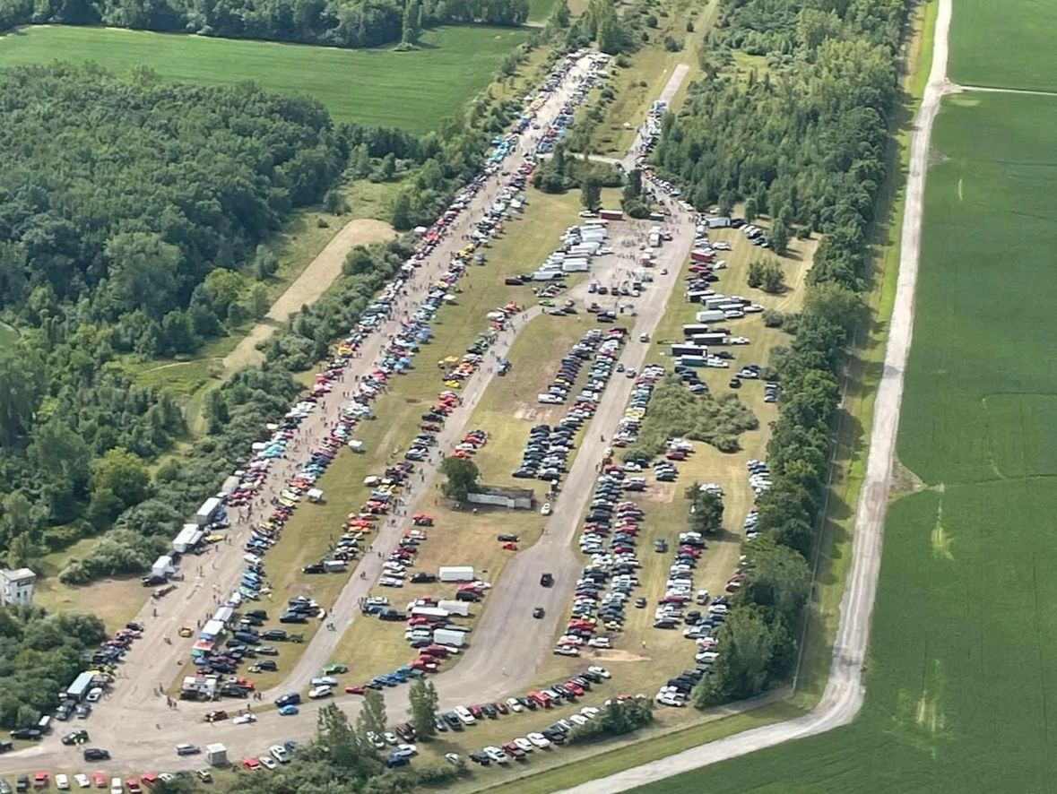 Aerial view of a large parking lot.