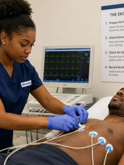 Healthcare student placing ECG electrodes on a patient's chest.