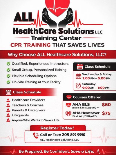 Flyer for ALL HealthCare Solutions LLC CPR training with schedules and course prices.