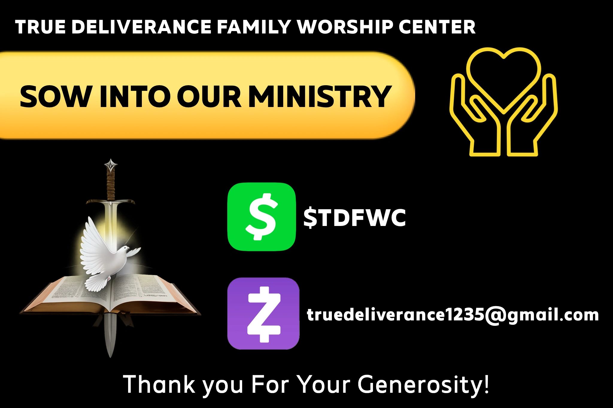 Donation options for True Deliverance Family Worship Center.