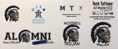 Logos and designs featuring Trojan helmet mascot and Tech Tattoos branding.