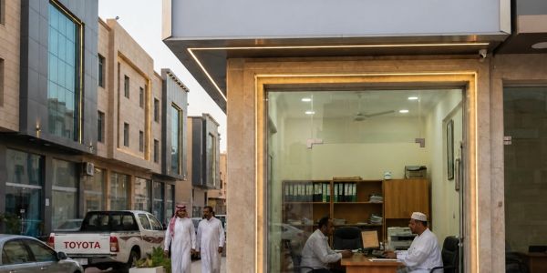 Two men talking inside an office while two others walk by outside.