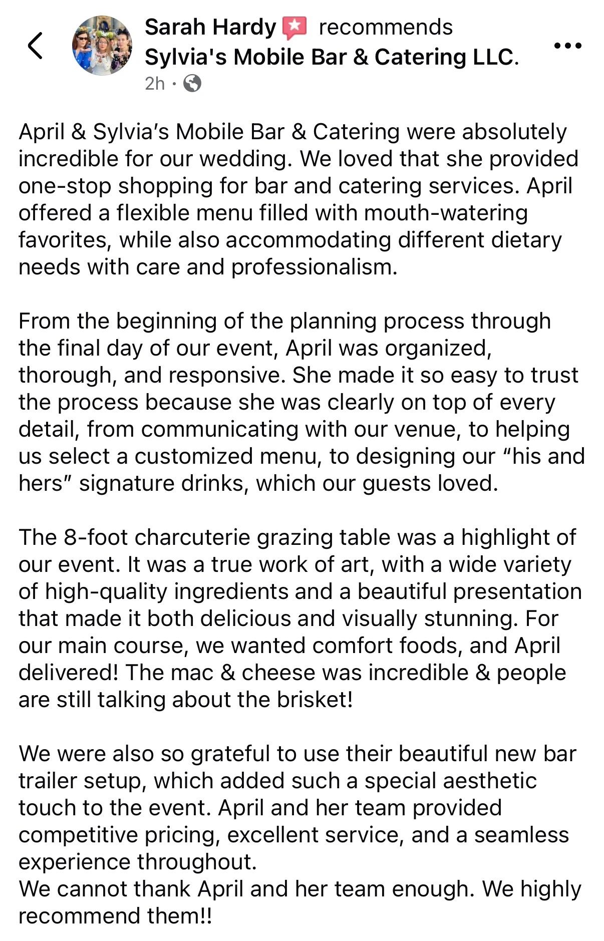 Positive wedding review praising Sylvia's Mobile Bar &amp; Catering's excellent service and delicious food.