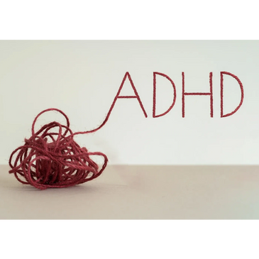 Red yarn forms a tangled ball with the word 'ADHD' extending from it.