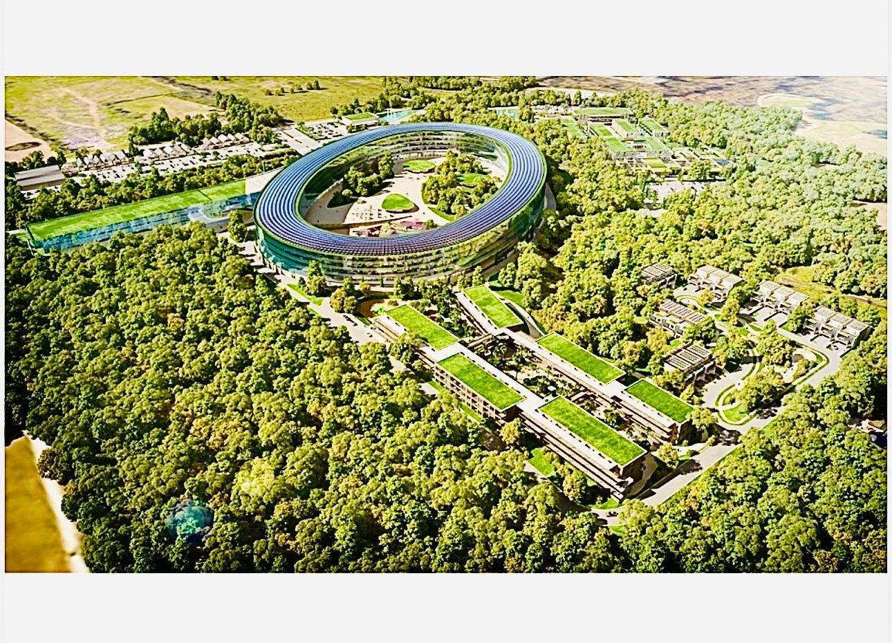 A futuristic eco-friendly office campus surrounded by dense greenery.