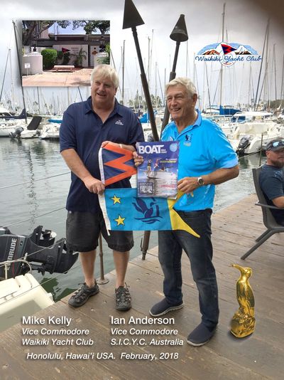 Mike Kelly, Waikiki Yacht Club & Ian Anderson & 'Salty'   SICYC Aust, exchange club burgees . 