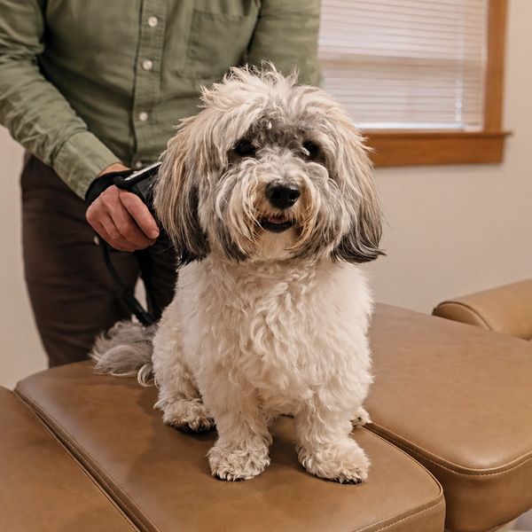 A friendly dog sits on a treatment table, adding warmth to the clinic environment.