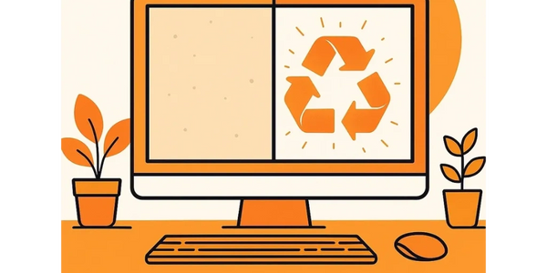 En illustration av en dator med återvinningssymbol som representerar hållbar teknik.