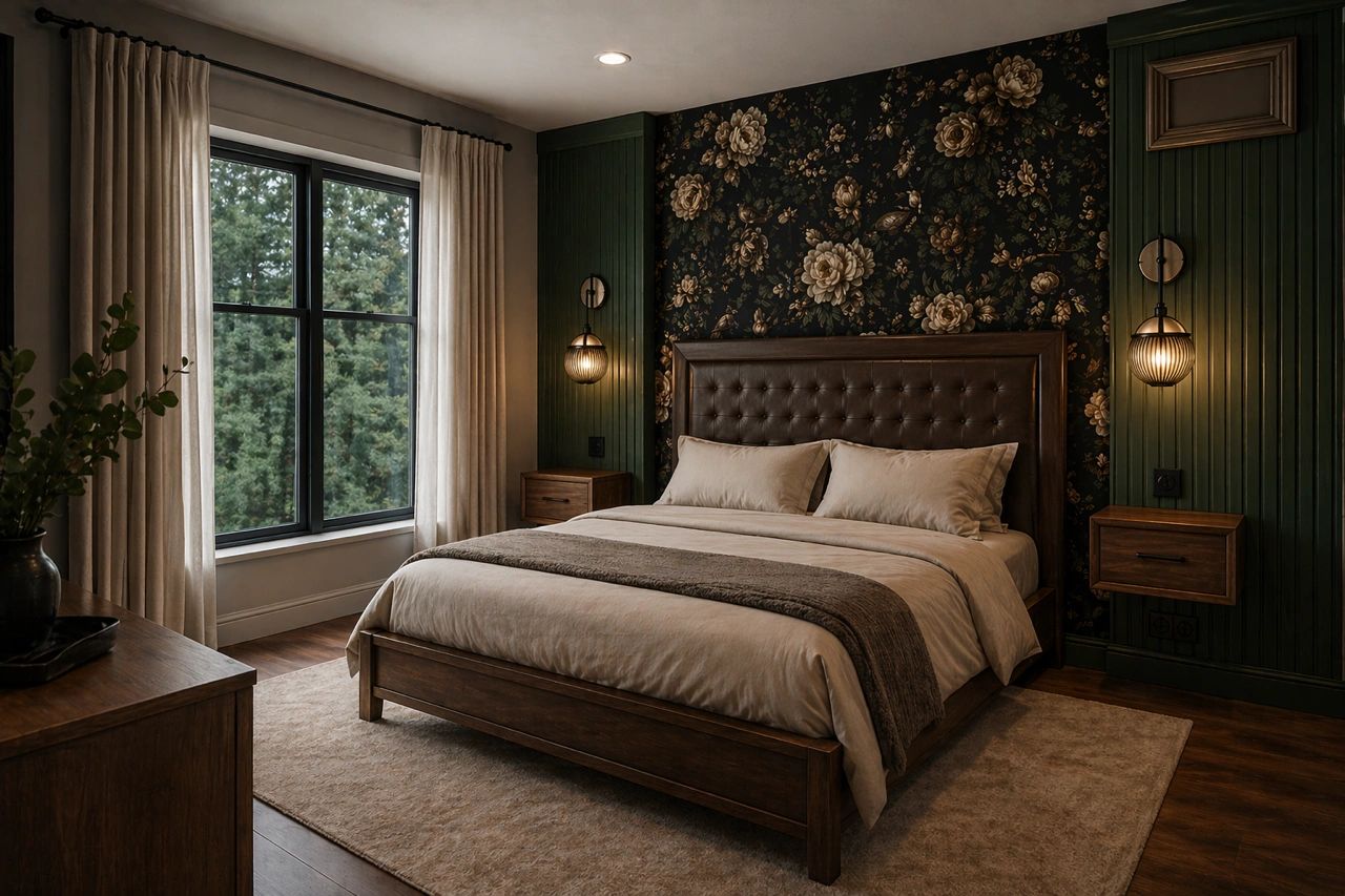 Chambre élégante avec murale florale, panneaux vert forêt, meubles en bois et éclairage décoratif.