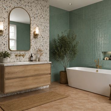 Salle de bain chaleureuse avec baignoire et meuble lavabo en bois.