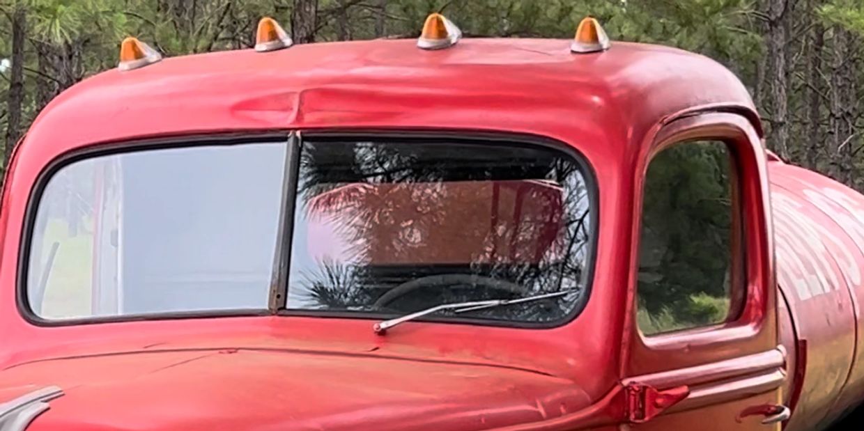 1940's Red Pump Truck Windshield, Back glass and door glass replacement.