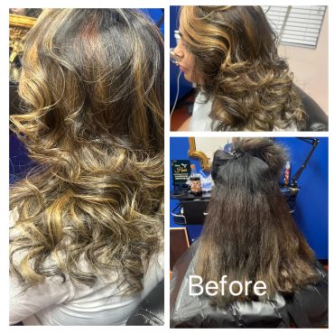 Before and after hair transformation with curls and highlights.