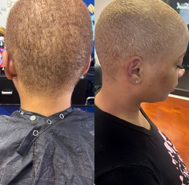 Before and after of a woman's short haircut and dye.