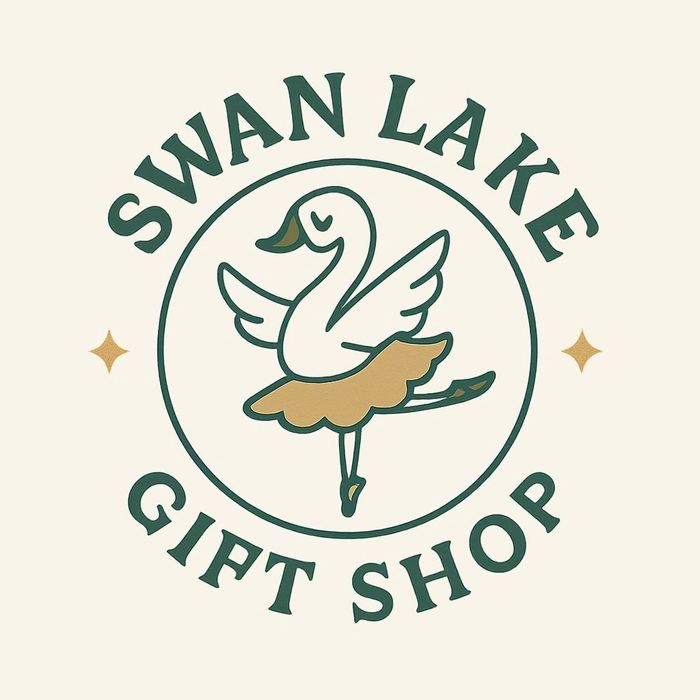 Logo of Swan Lake Gift Shop with a dancing swan in a tutu.